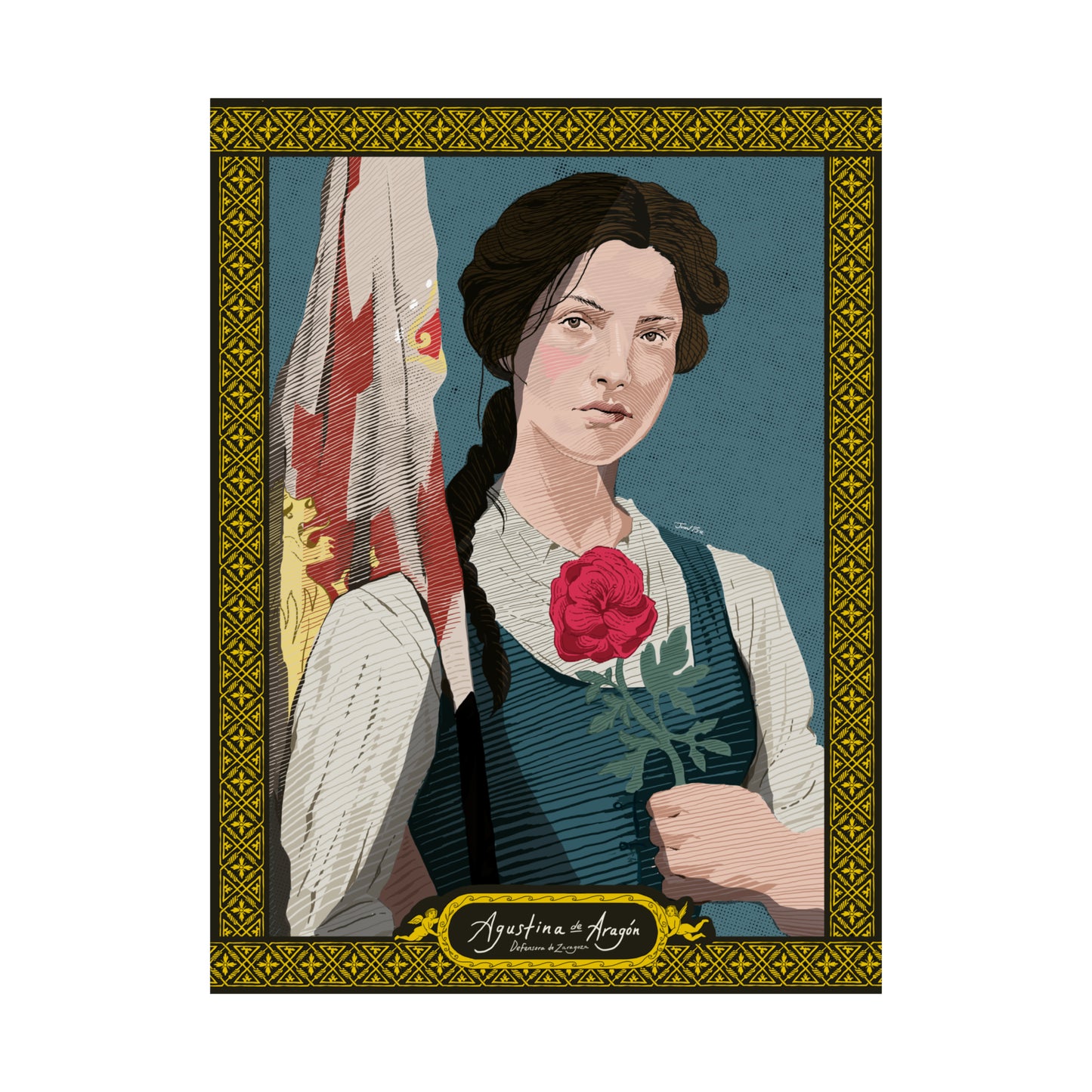 Agustina de Aragón, defensora de Zaragoza. Retrato ilustrado.